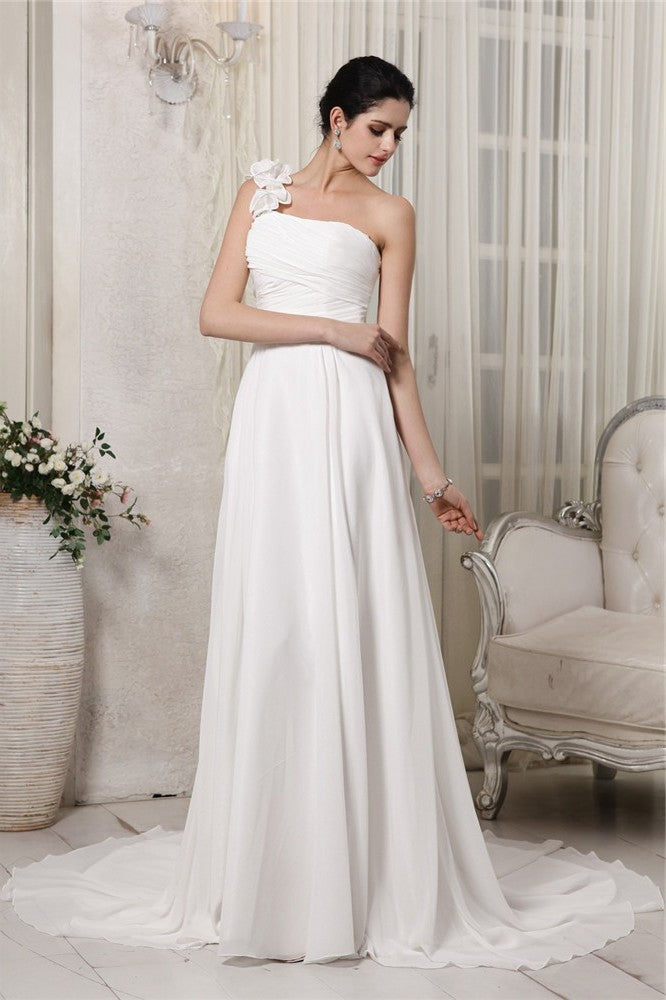 Sleeveless Sheath/Column Ruffles Long One-Shoulder Chiffon Wedding Dresses
