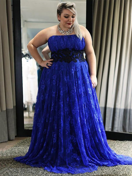 Sleeveless A-Line/Princess Floor-Length Strapless Applique Lace Plus Size Dresses