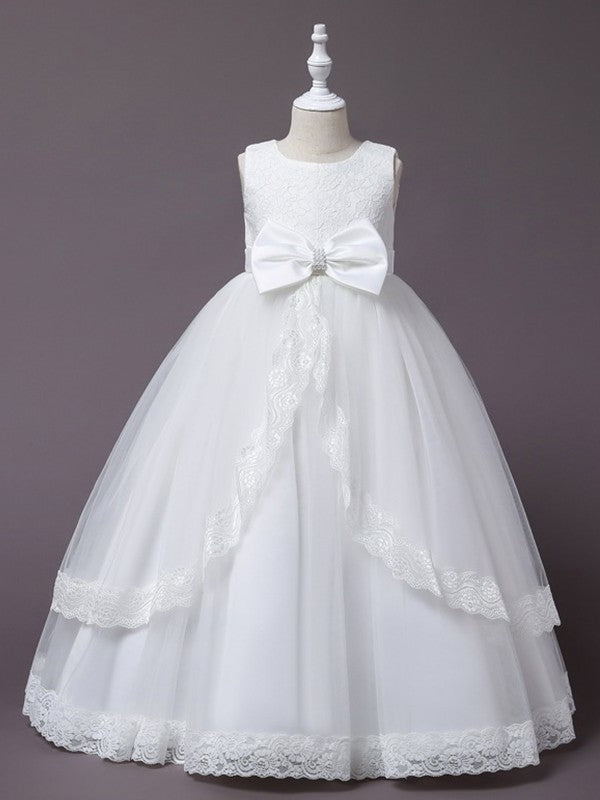 Sleeveless Applique Ball Gown Scoop Tulle Floor-Length Flower Girl Dresses