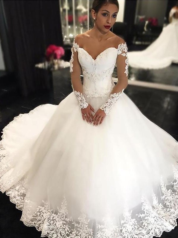 Long Ball Off-the-Shoulder Tulle Gown Court Sleeves Applique Train Wedding Dresses