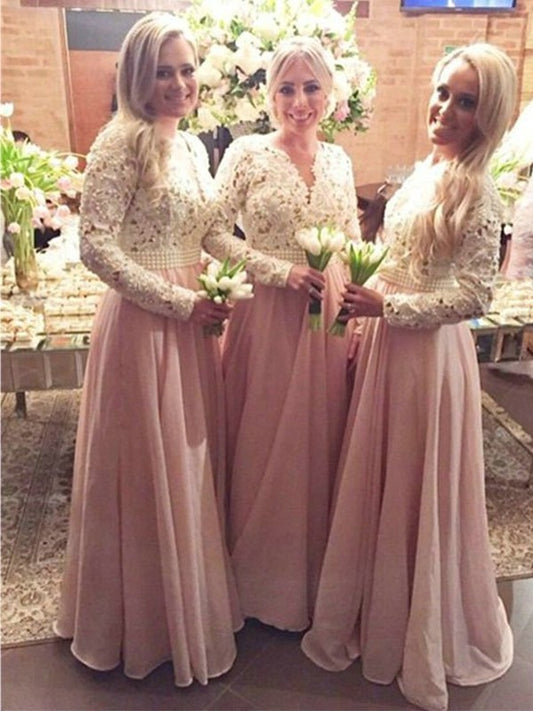 Lace V-neck A-Line/Princess Long Sleeves Floor-Length Chiffon Bridesmaid Dresses