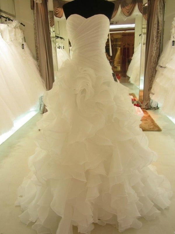 Sleeveless Gown Ruffles Ball Organza Sweetheart Court Train Wedding Dresses
