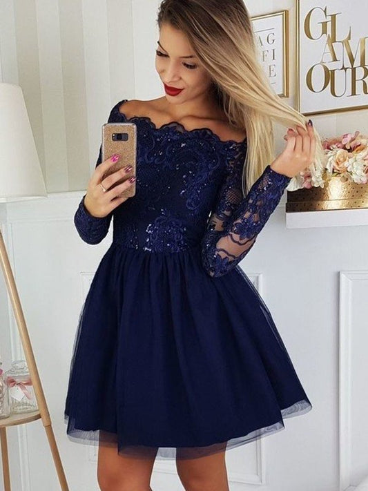 Tulle Off-the-Shoulder A-Line/Princess Applique Long Sleeves Short/Mini Homecoming Dress
