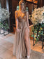 Floor-Length Sleeveless V-neck A-Line/Princess Rhinestone Tulle Dresses