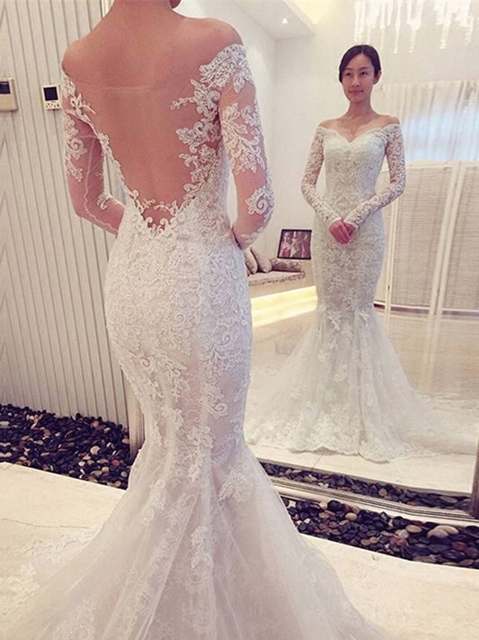 Trumpet/Mermaid Long Lace Chapel Sleeves Off-the-Shoulder Train Wedding Dresses