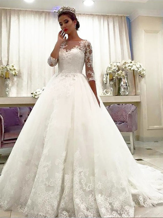 Bateau Lace Gown Court Tulle 3/4 Sleeves Ball Train Wedding Dresses