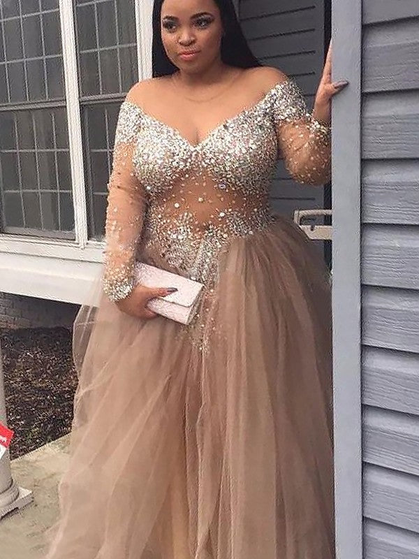 Sequin Off-the-Shoulder Long Gown Ball Sleeves Tulle Floor-Length Dresses