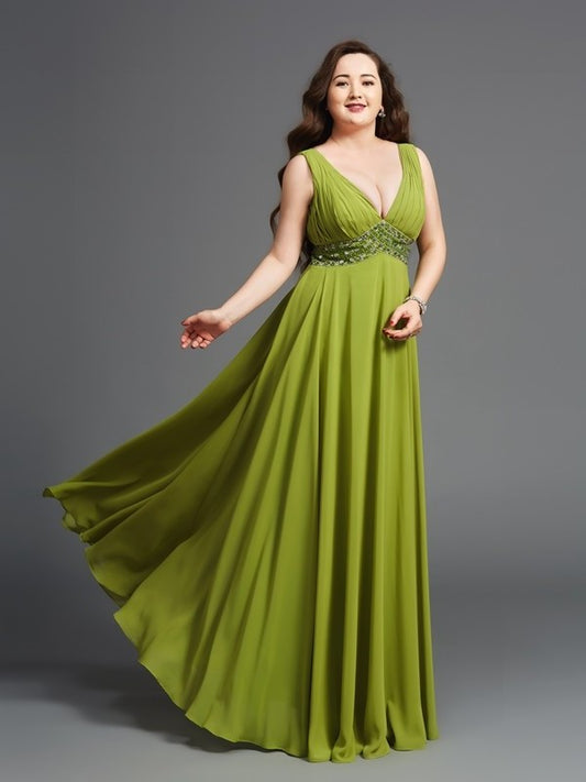 Long Chiffon Sleeveless A-Line/Princess Straps Rhinestone Plus Size Dresses
