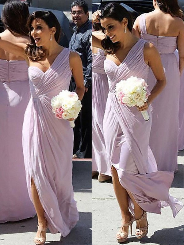 Ruched Sleeveless A-Line/Princess One-Shoulder Chiffon Floor-Length Bridesmaid Dresses