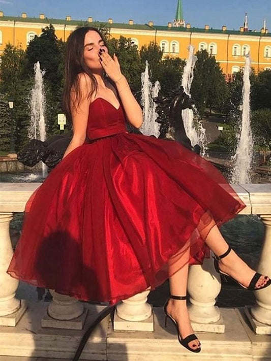 A-Line/Princess Sweetheart Organza Ruffles Sleeveless Tea-Length Homecoming Dresses