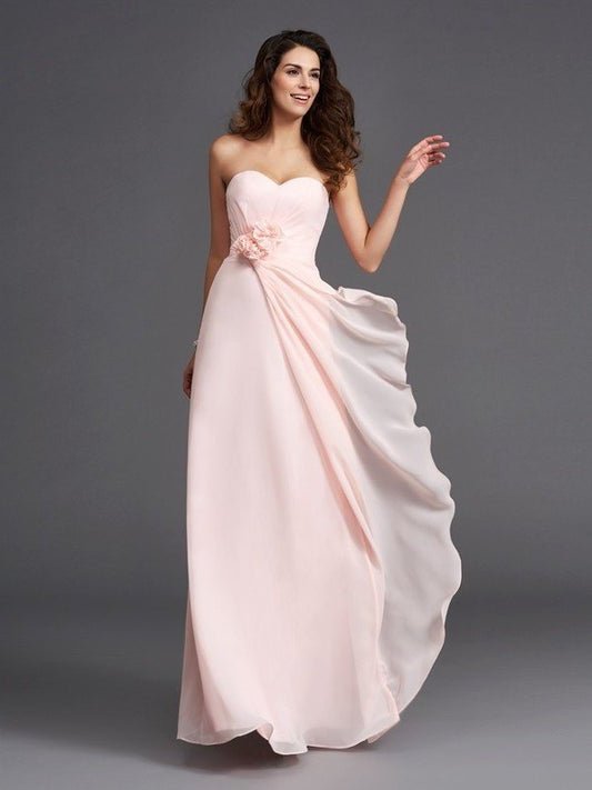 Sleeveless A-Line/Princess Sweetheart Hand-Made Flower Long Chiffon Bridesmaid Dresses