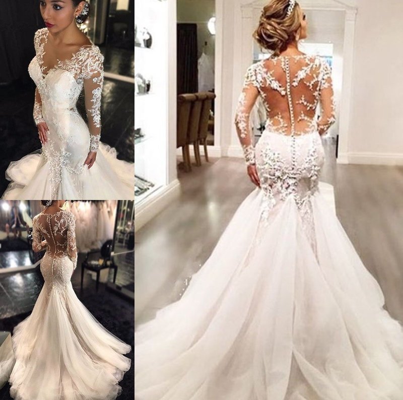 Trumpet/Mermaid Court Train V-neck Long Sleeves Lace Tulle Wedding Dresses