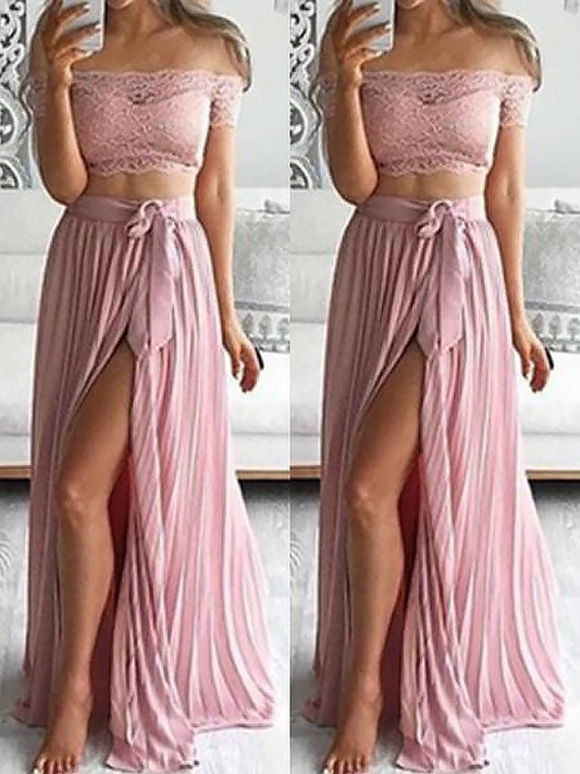 Chiffon Sleeveless Off-the-Shoulder Floor-Length A-Line/Princess Lace Two Piece Dresses