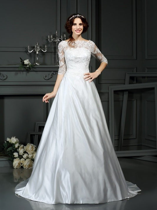1/2 A-Line/Princess Lace Bateau Sleeves Long Satin Wedding Dresses