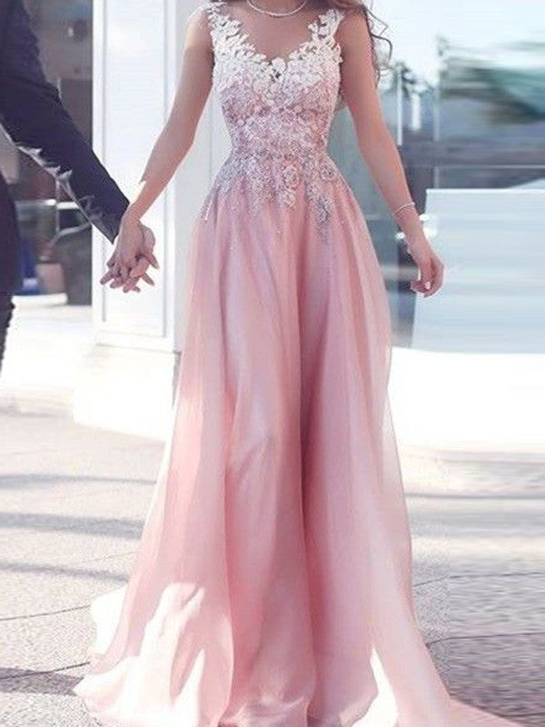 Sleeveless A-Line/Princess Floor-Length Sweetheart Applique Chiffon Dresses