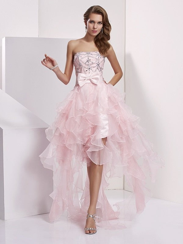 High Low Beading A-Line/Princess Sleeveless Strapless Organza Homecoming Dresses
