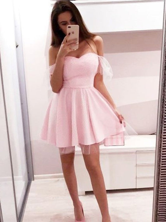 Sleeves Off-the-Shoulder A-Line/Princess Short Ruffles Tulle Short/Mini Homecoming Dresses