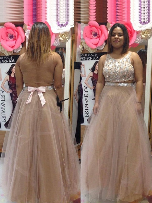 Sleeveless Scoop Floor-Length A-Line/Princess Tulle Beading Plus Size Dresses