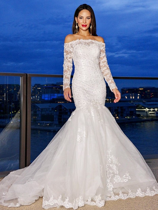 Off-the-Shoulder Trumpet/Mermaid Lace Tulle Sleeves Sweep/Brush Long Train Wedding Dresses