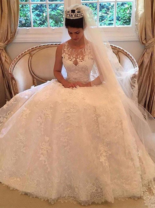 Applique Scoop A-Line/Princess Lace Train Court Sleeveless Wedding Dresses