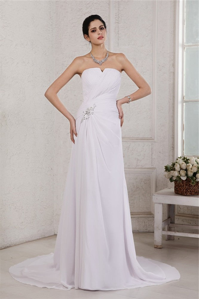 Sheath/Column Strapless Beading Applique Long Pleats Sleeveless Chiffon Wedding Dresses