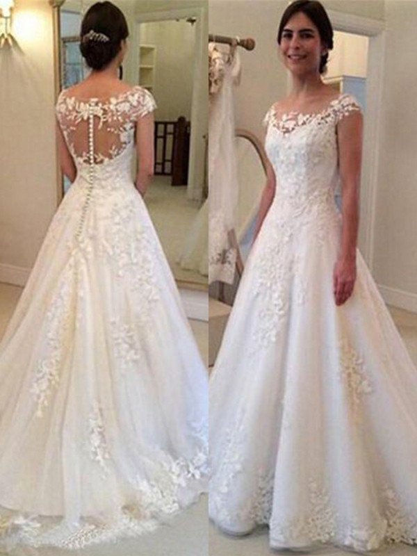 A-Line/Princess Lace Sweep/Brush Train Sleeveless Scoop Tulle Wedding Dresses
