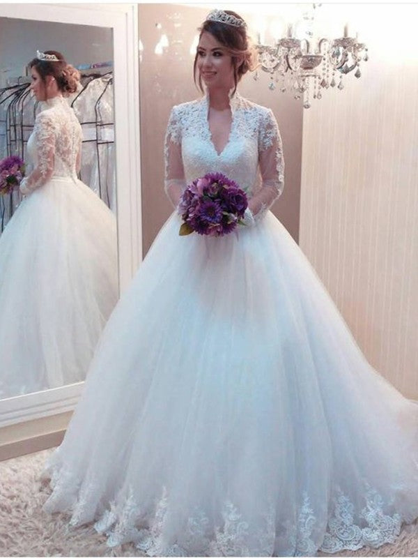 Applique Ball Gown Neck Sleeves High Long Tulle Sweep/Brush Train Wedding Dresses