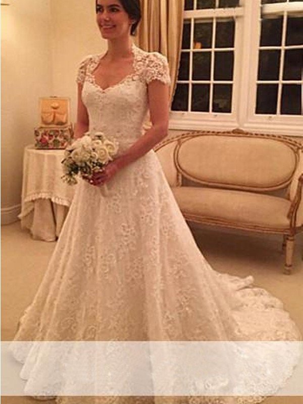 Sleeves Sweetheart Court Train Short A-Line/Princess Lace Wedding Dresses