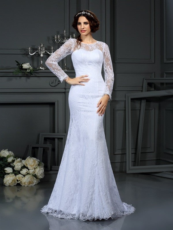 Long Sleeves Sheath/Column Long Lace Scoop Satin Wedding Dresses