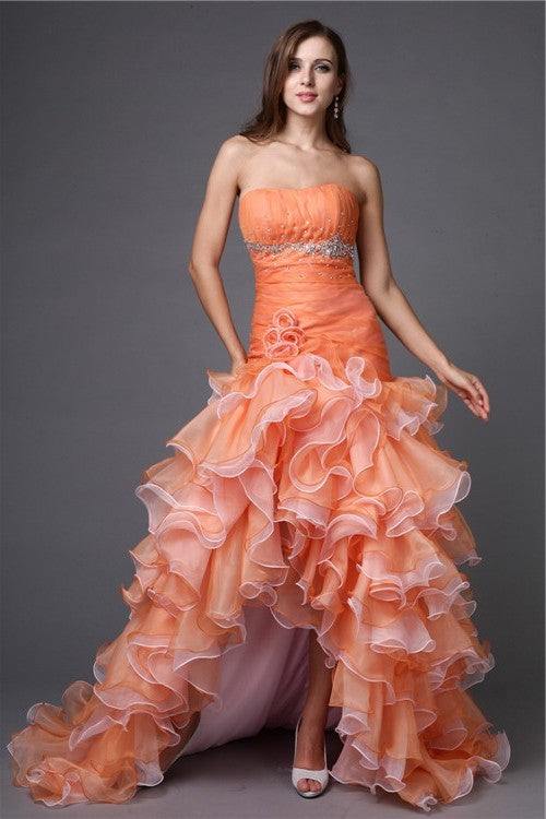 Low High Ball Gown Sleeveless Strapless Beading Organza Cocktail Dresses