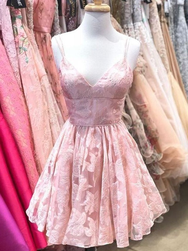 Lace Ruffles A-Line/Princess Sleeveless Straps Spaghetti Short/Mini Homecoming Dresses