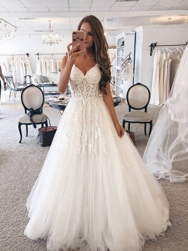 Sweetheart Floor-Length A-Line/Princess Lace Sleeveless Tulle Wedding Dresses