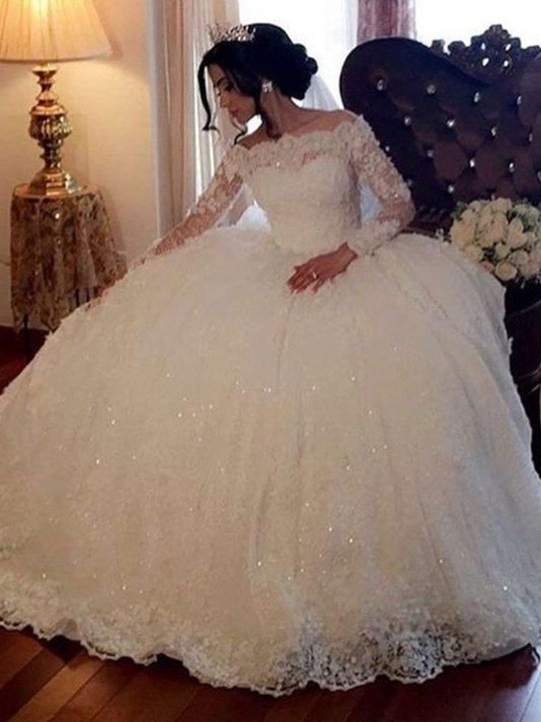Long Bateau Sleeves Ball Gown Floor-Length Lace Wedding Dresses