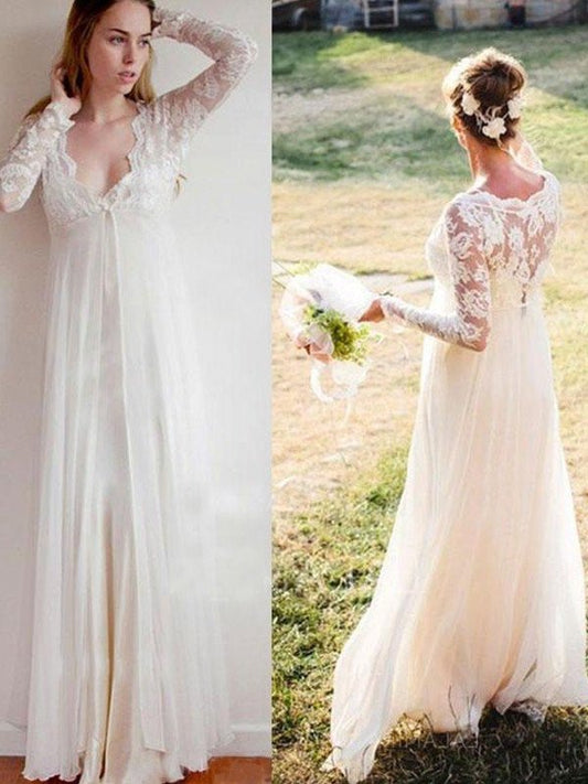 Chiffon Lace Long Sleeves Empire V-neck Floor-Length Wedding Dresses