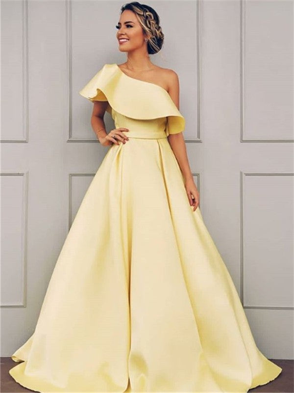 One-Shoulder A-Line/Princess Floor-Length Sleeveless Ruffles Satin Dresses