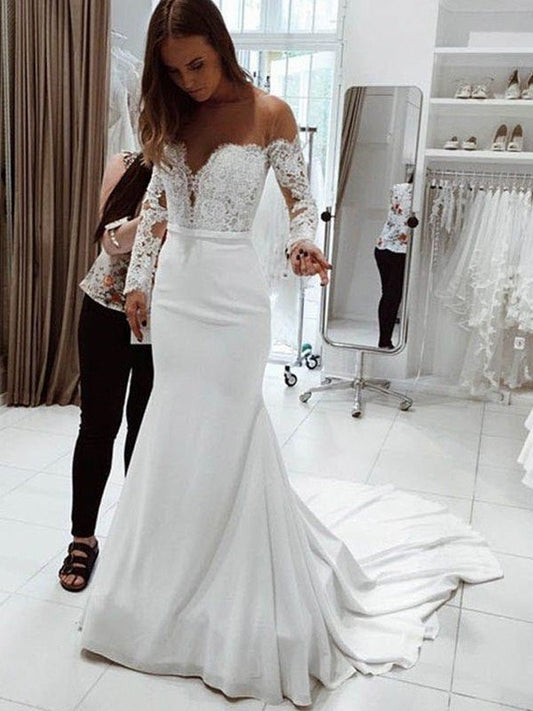 Trumpet/Mermaid Long Lace Off-the-Shoulder Court Train Sleeves Chiffon Wedding Dresses