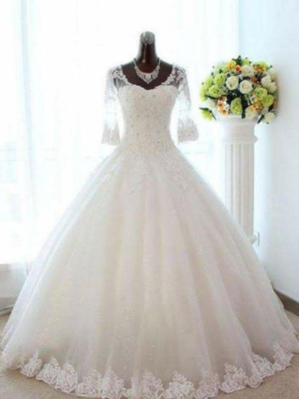 Ball Tulle Beading Sleeves 3/4 Gown Bateau V-neck Floor-Length Wedding Dresses