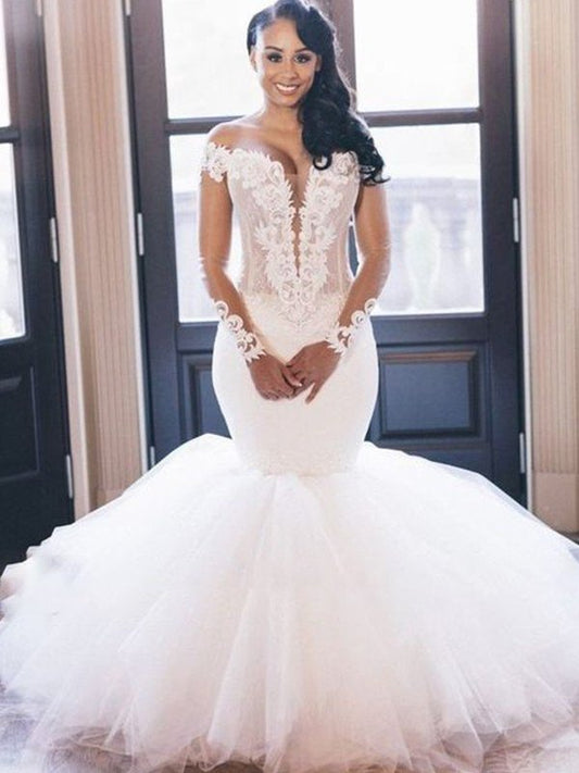 Tulle Off-the-Shoulder Trumpet/Mermaid Long Sleeves Applique Floor-Length Wedding Dresses