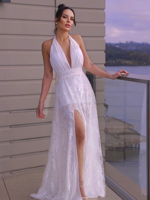 Ruched Lace Halter A-Line/Princess Sleeveless Floor-Length Wedding Dresses
