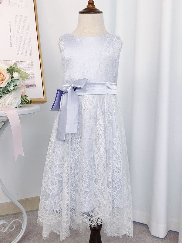 A-Line/Princess Bowknot Lace Scoop Tea-Length Sleeveless Flower Girl Dresses