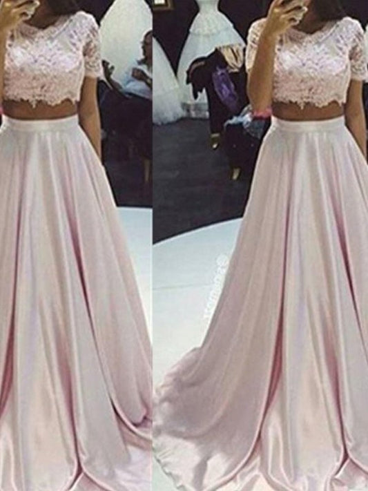 Scoop Satin A-Line/Princess Floor-Length like Silk Lace Sleeveless Two Piece Dresses