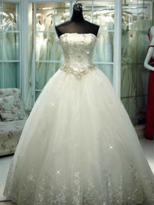 Ball Tulle Beading Sleeveless Gown Strapless Floor-Length Wedding Dresses