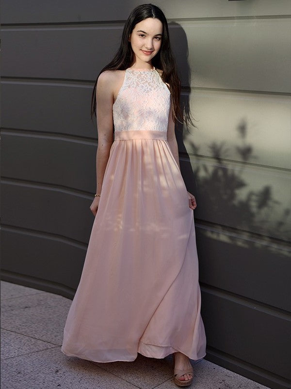 A-Line/Princess Sleeveless Lace Halter Chiffon Floor-Length Junior/Girls Bridesmaid Dresses