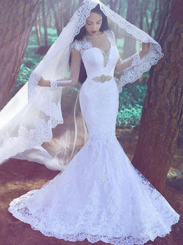 Lace Long Trumpet/Mermaid Court Sweetheart Applique Sleeves Train Wedding Dresses