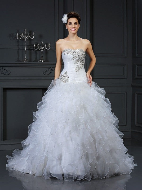 Sleeveless Gown Beading Strapless Ball Long Organza Wedding Dresses