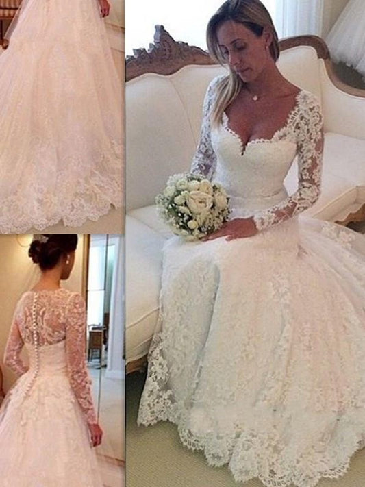 Sleeves Ball Lace Train Gown V-neck Long Court Tulle Wedding Dresses