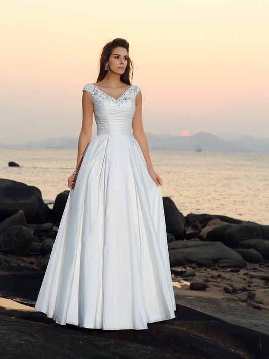 V-neck Long A-Line/Princess Taffeta Beading Sleeveless Beach Wedding Dresses
