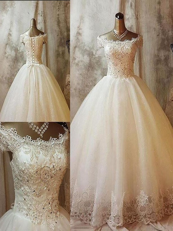 Sleeveless Off-the-Shoulder Gown Applique Train Ball Sweep/Brush Tulle Wedding Dresses