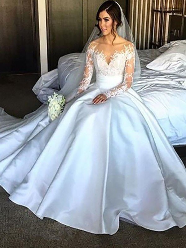 Gown Long Ball Satin Court Sleeves Train Wedding Dresses