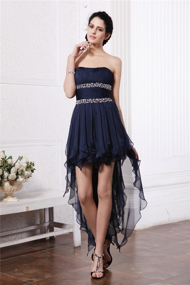 Sheath/Column Strapless Sleeveless Beading High Low Homecoming Dresses Chiffon Brittany Cocktail Dresses